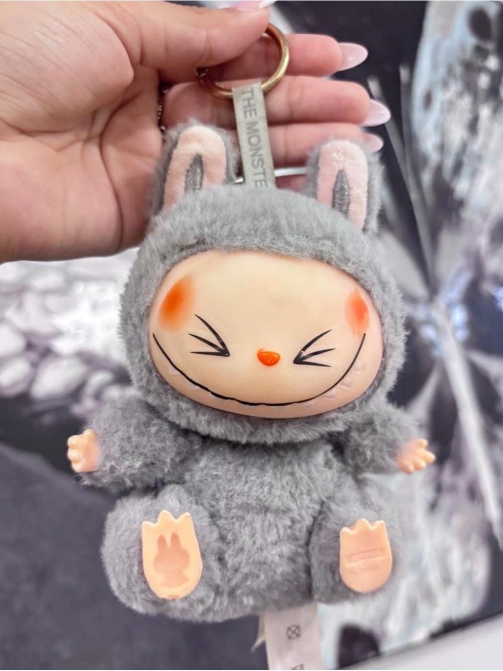 Gray Plush Bunny Keychain Doll with Smiling Face
